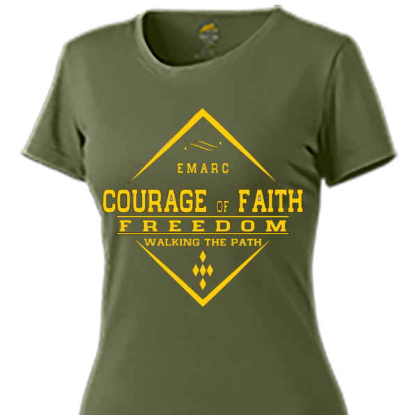 Women's Army Green T-Shirt with  Courage of Faith & Custom Logos - Image 3