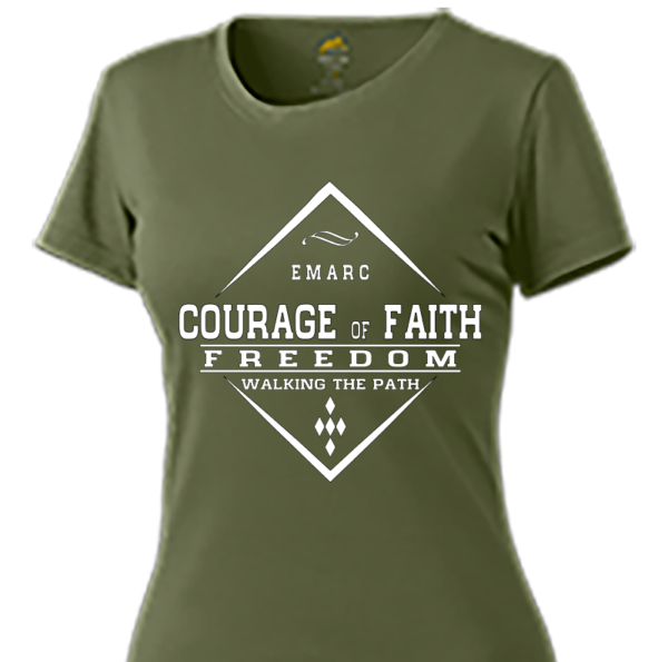 Women's Army Green T-Shirt with  Courage of Faith & Custom Logos - Image 2